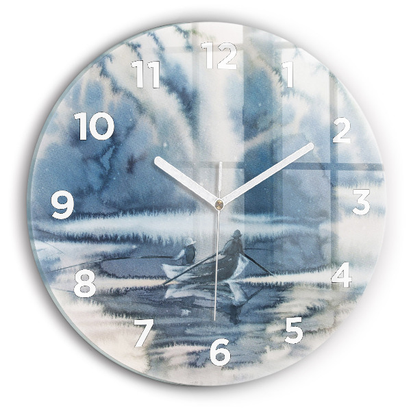 Round glass wall clock Winter Lake Łódka