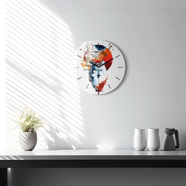 Round glass wall clock The Wolf and the Full Moon