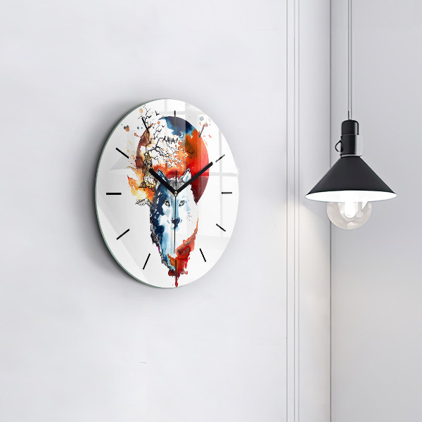 Round glass wall clock The Wolf and the Full Moon