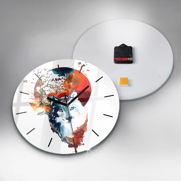 Round glass wall clock The Wolf and the Full Moon
