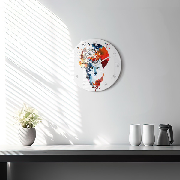 Round glass wall clock The Wolf and the Full Moon