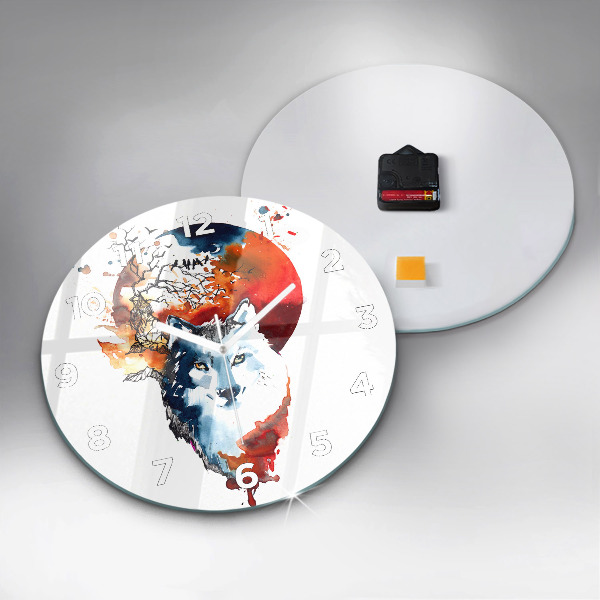 Round glass wall clock The Wolf and the Full Moon