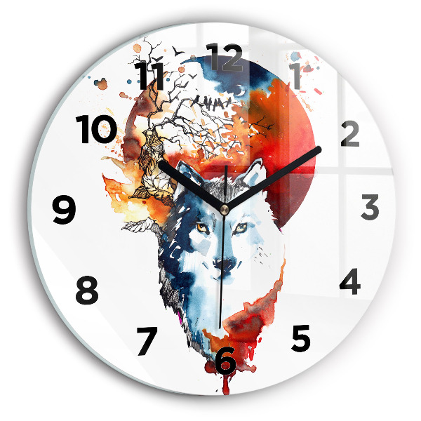 Round glass wall clock The Wolf and the Full Moon