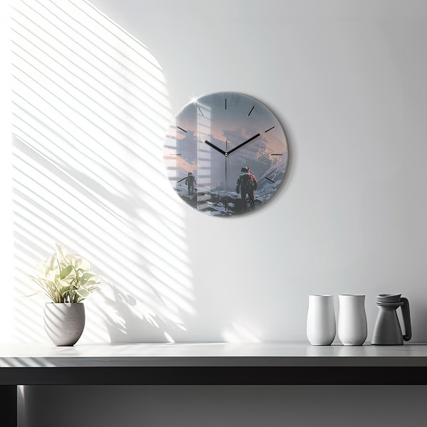 Round glass wall clock Astronauts abstract