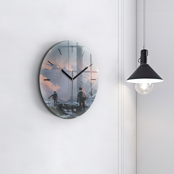 Round glass wall clock Astronauts abstract