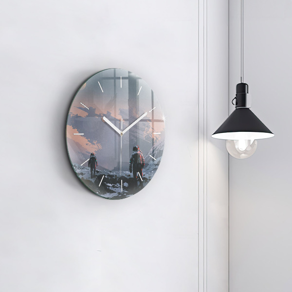 Round glass wall clock Astronauts abstract