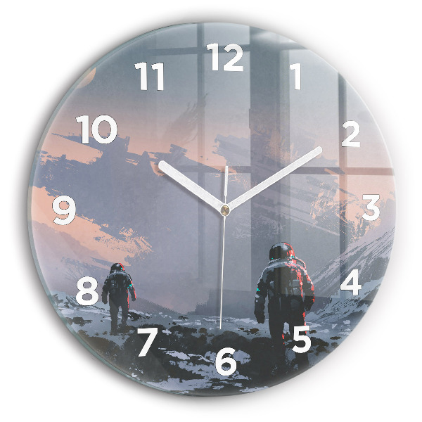 Round glass wall clock Astronauts abstract