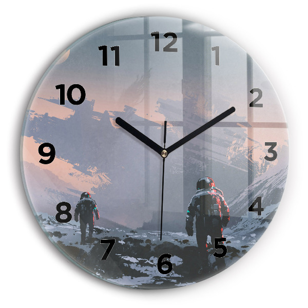 Round glass wall clock Astronauts abstract