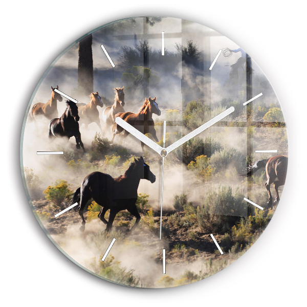 Round glass wall clock A herd of rushing horses