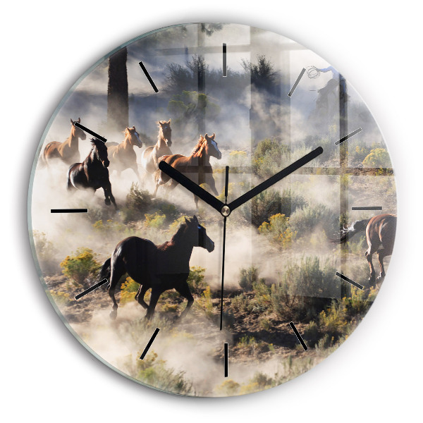 Round glass wall clock A herd of rushing horses