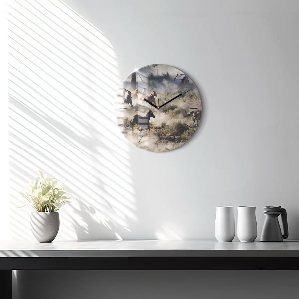 Round glass wall clock A herd of rushing horses