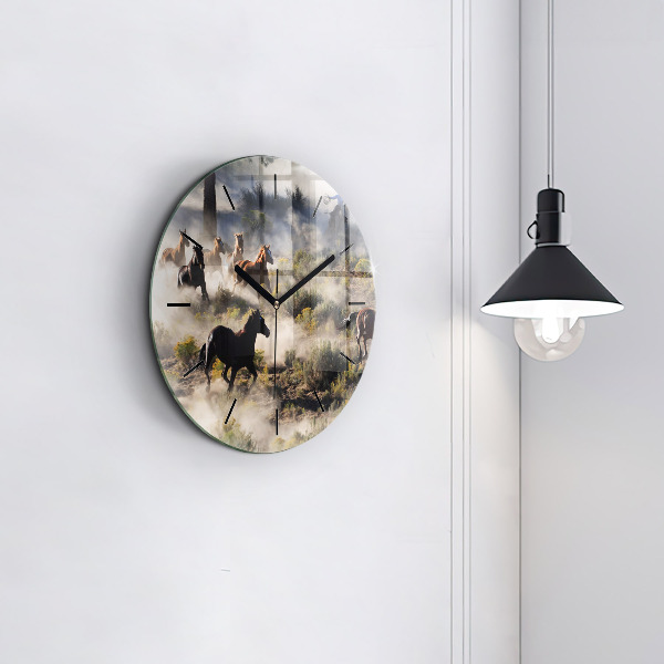 Round glass wall clock A herd of rushing horses