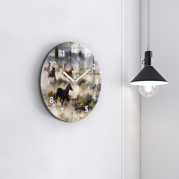 Round glass wall clock A herd of rushing horses
