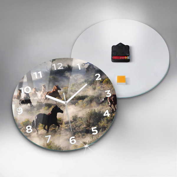 Round glass wall clock A herd of rushing horses