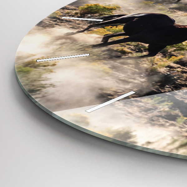 Round glass wall clock A herd of rushing horses