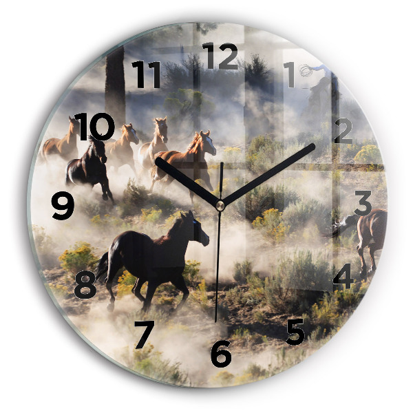 Round glass wall clock A herd of rushing horses
