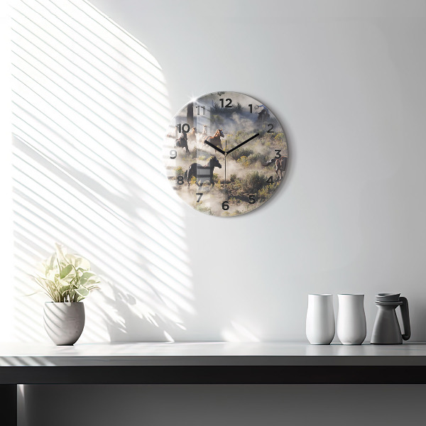 Round glass wall clock A herd of rushing horses