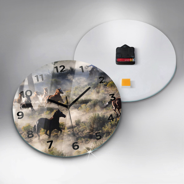 Round glass wall clock A herd of rushing horses