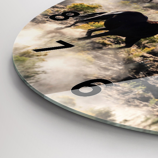 Round glass wall clock A herd of rushing horses