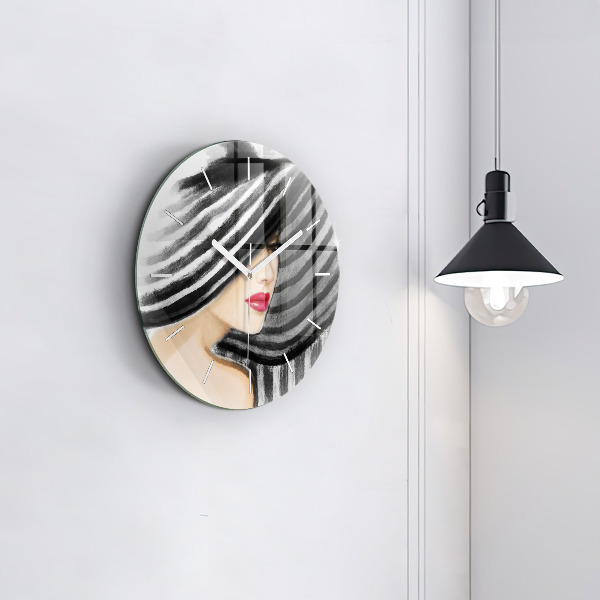 Round glass wall clock Woman in Black and White