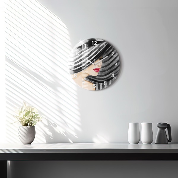 Round glass wall clock Woman in Black and White