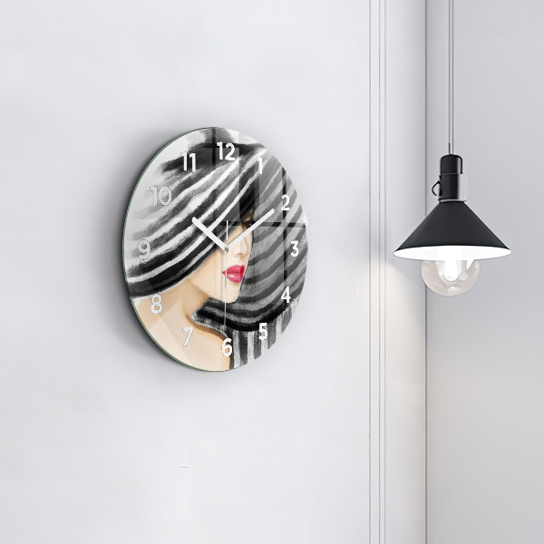 Round glass wall clock Woman in Black and White