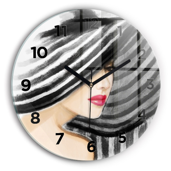 Round glass wall clock Woman in Black and White