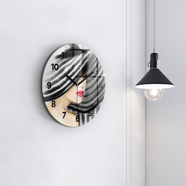 Round glass wall clock Woman in Black and White