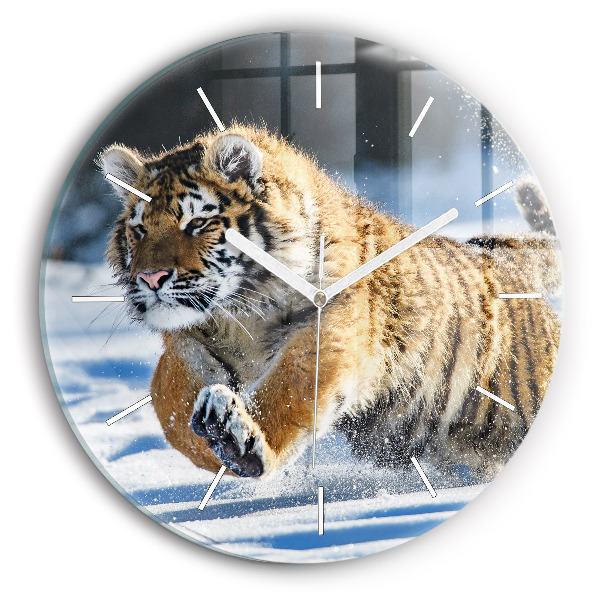 Round glass wall clock Leaping Tiger