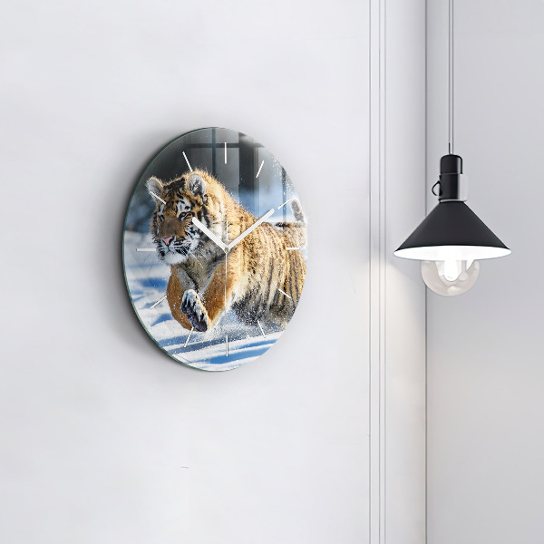 Round glass wall clock Leaping Tiger