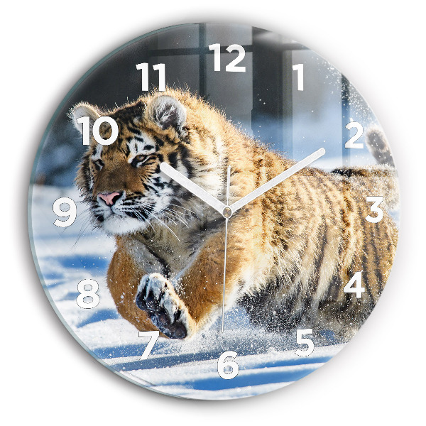 Round glass wall clock Leaping Tiger