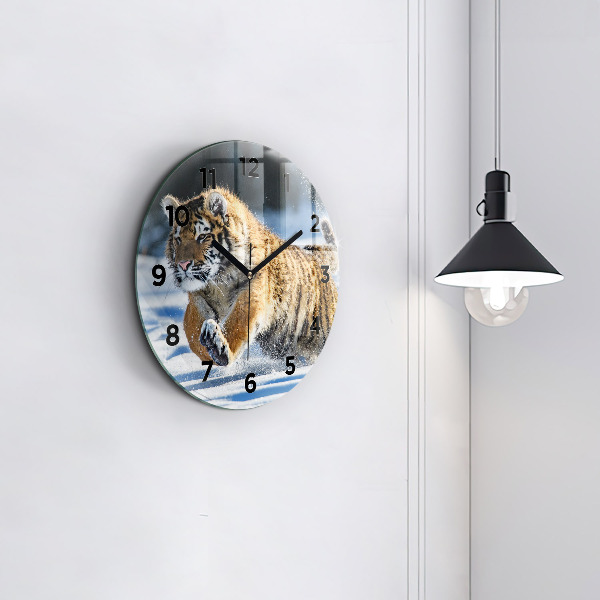 Round glass wall clock Leaping Tiger