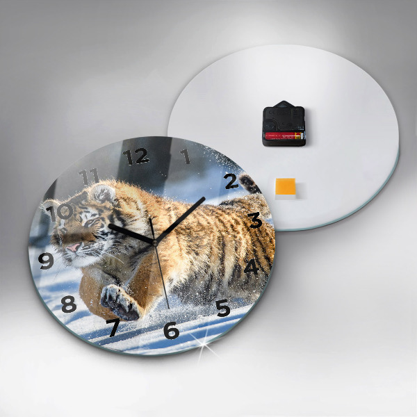 Round glass wall clock Leaping Tiger