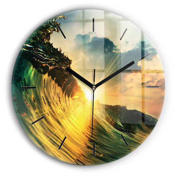 Round glass wall clock Wave Sunset
