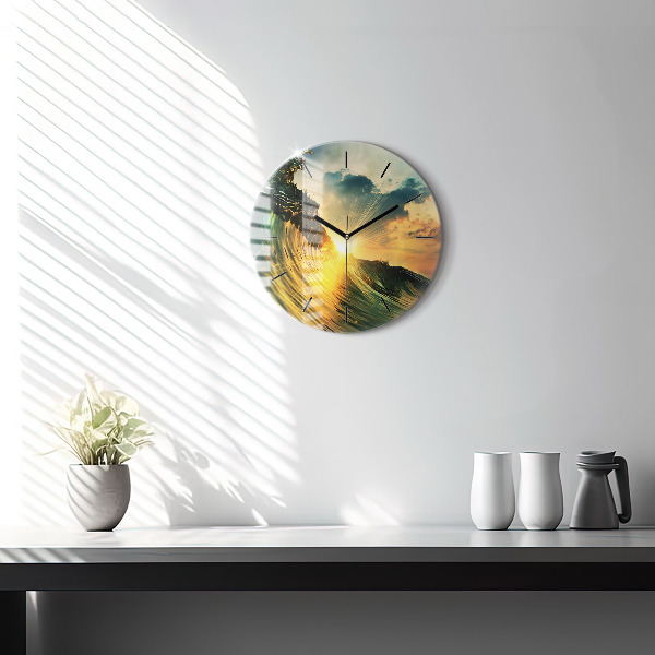 Round glass wall clock Wave Sunset