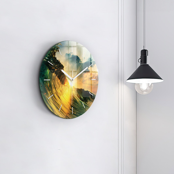 Round glass wall clock Wave Sunset