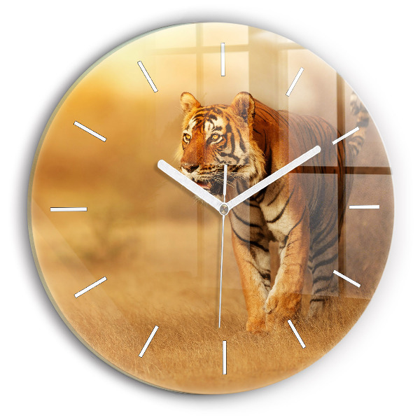 Round glass wall clock Hunting Tiger