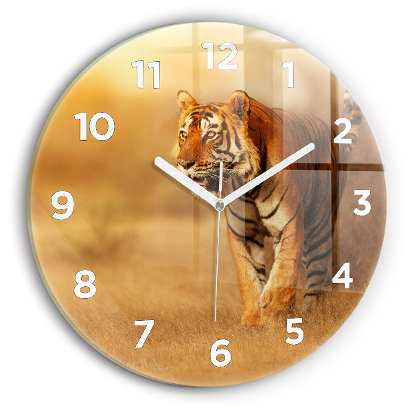 Round glass wall clock Hunting Tiger