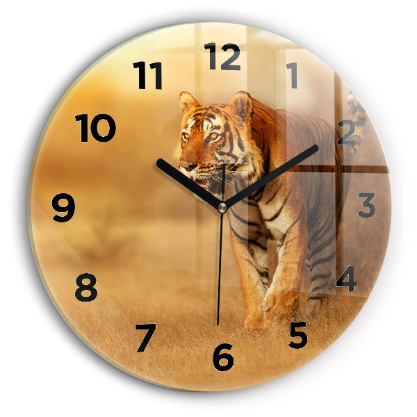 Round glass wall clock Hunting Tiger