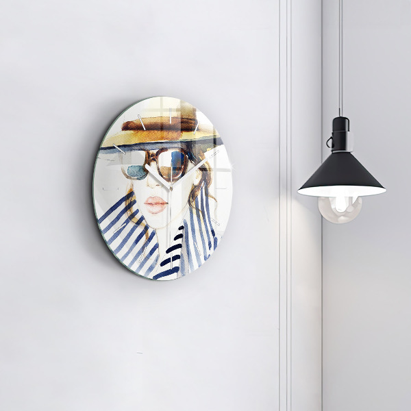 Round glass wall clock Face with glasses and hat