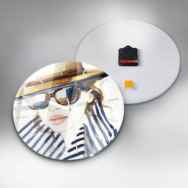 Round glass wall clock Face with glasses and hat