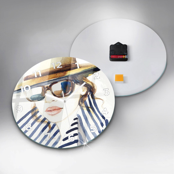 Round glass wall clock Face with glasses and hat