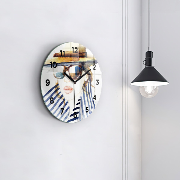 Round glass wall clock Face with glasses and hat