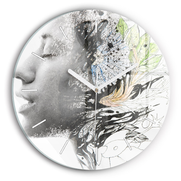 Round glass wall clock Abstract woman's face