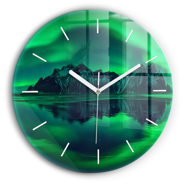 Round glass wall clock Northern lights