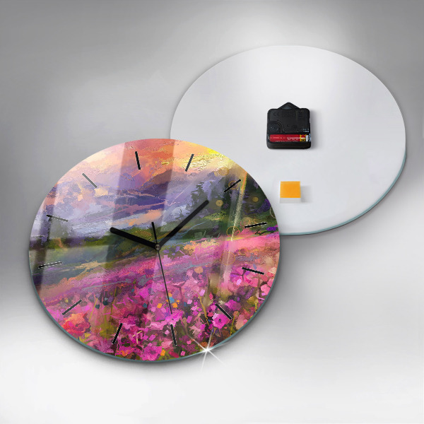 Round glass wall clock Meadow in the sunset