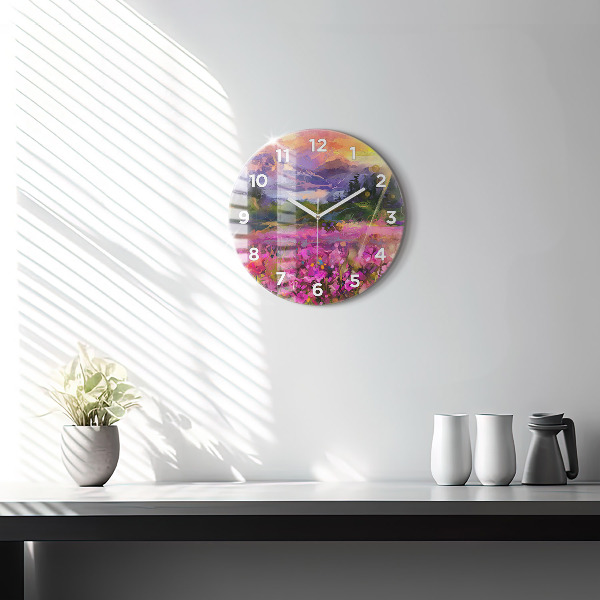 Round glass wall clock Meadow in the sunset