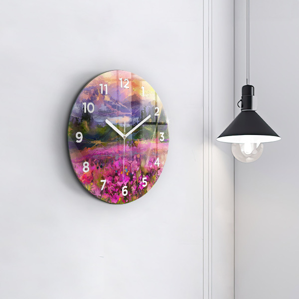 Round glass wall clock Meadow in the sunset