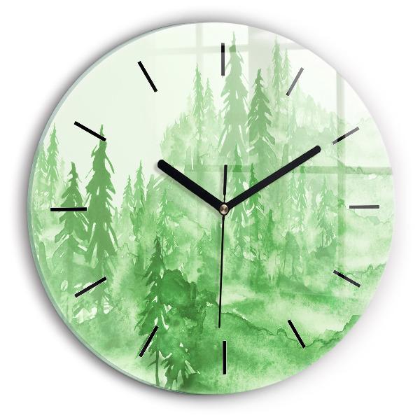 Round glass wall clock Painting green forest