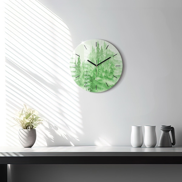 Round glass wall clock Painting green forest